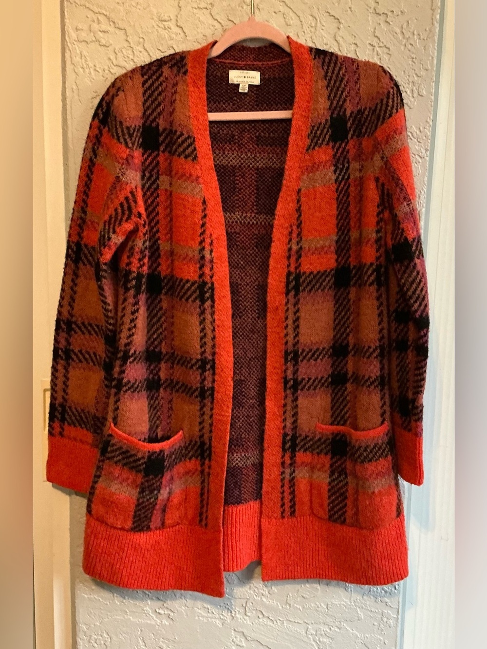 Lucky Brand Orange Plaid Open-Front Women's Open Front Cardigan Sweater